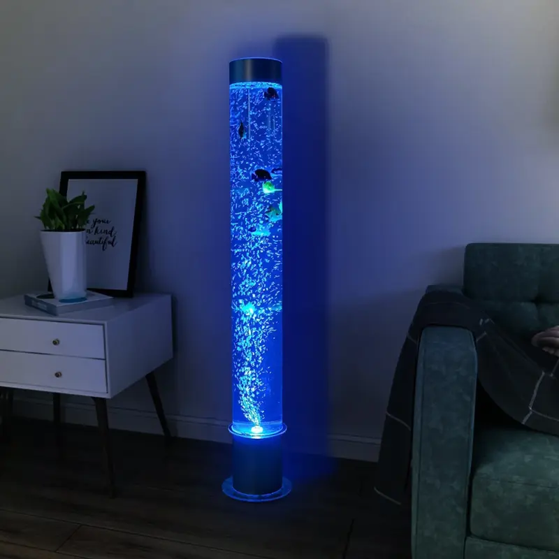 Acrylic Bubble Light with Simulated Fish and 8 Color Changing Light Effects-41“H