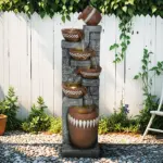 56.6in High Outdoor Indoor Water Fountain, 6-Tiered Poly-Resin Waterfall Fountain with LED Lights